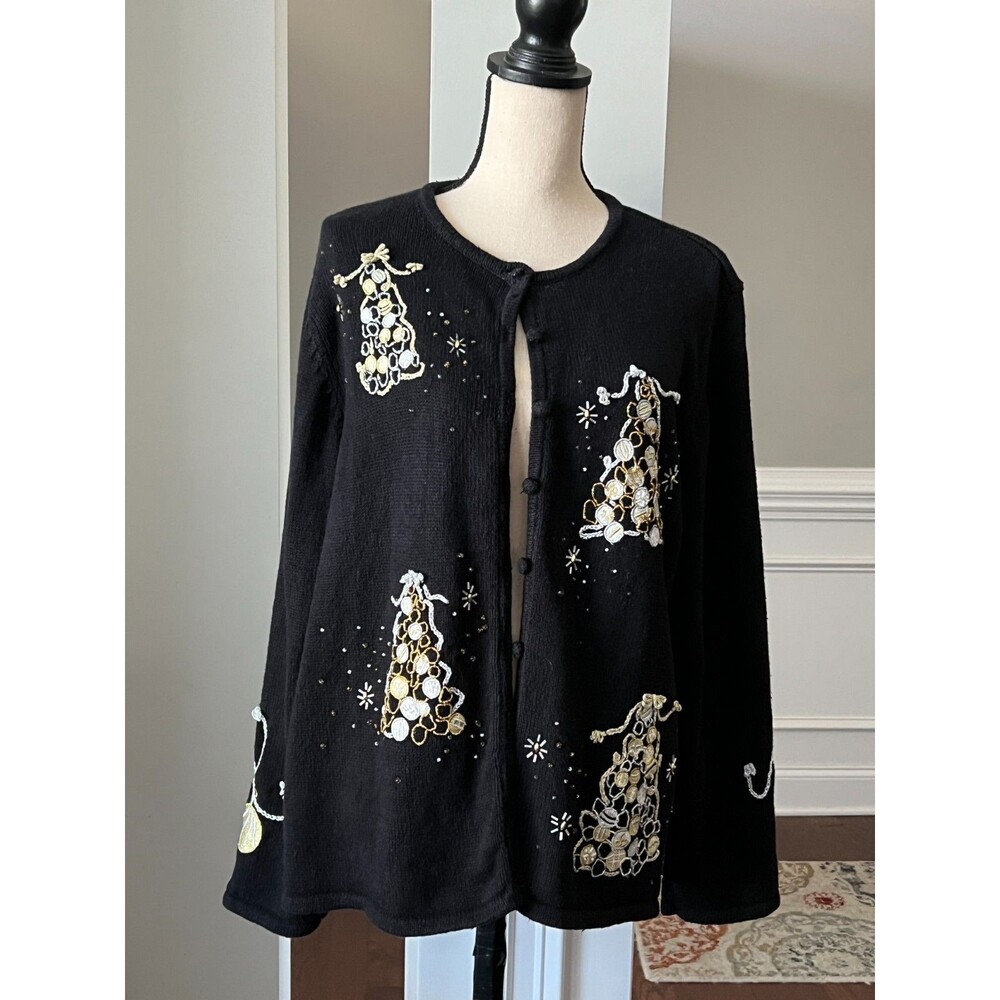 Studio Joy Christmas Sweater Black with Gold/Silver Trees Beaded Sz 1X